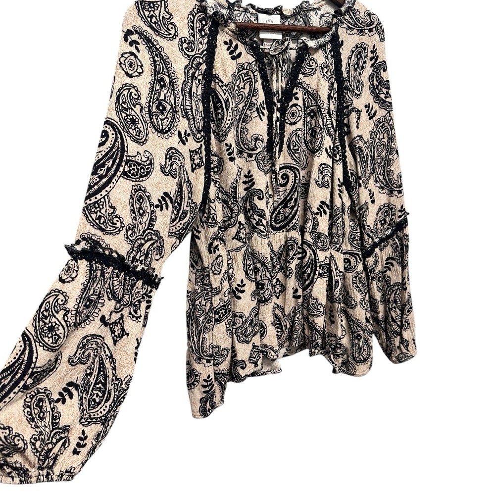 Knox Rose Womens Blouse Size XXL Brown Paisley Boho Long Sleeves Baby Doll Top - Picture 2 of 9